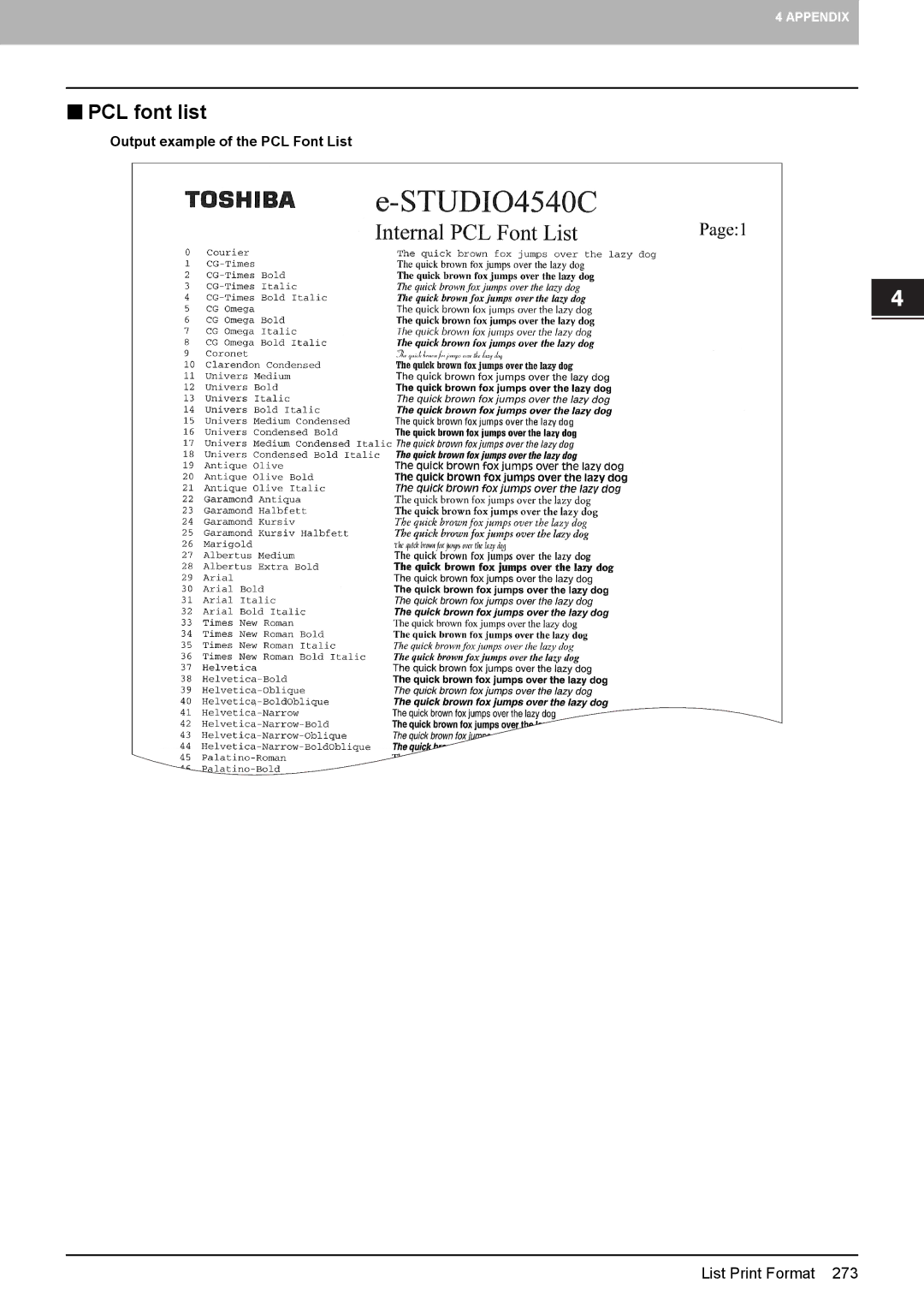 Toshiba 4540C manual „ PCL font list, Output example of the PCL Font List 