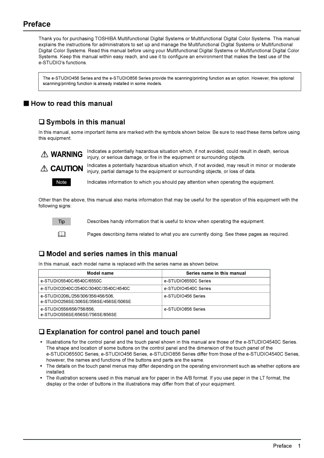 Toshiba 4540C Preface, „ How to read this manual ‰ Symbols in this manual, ‰ Model and series names in this manual 