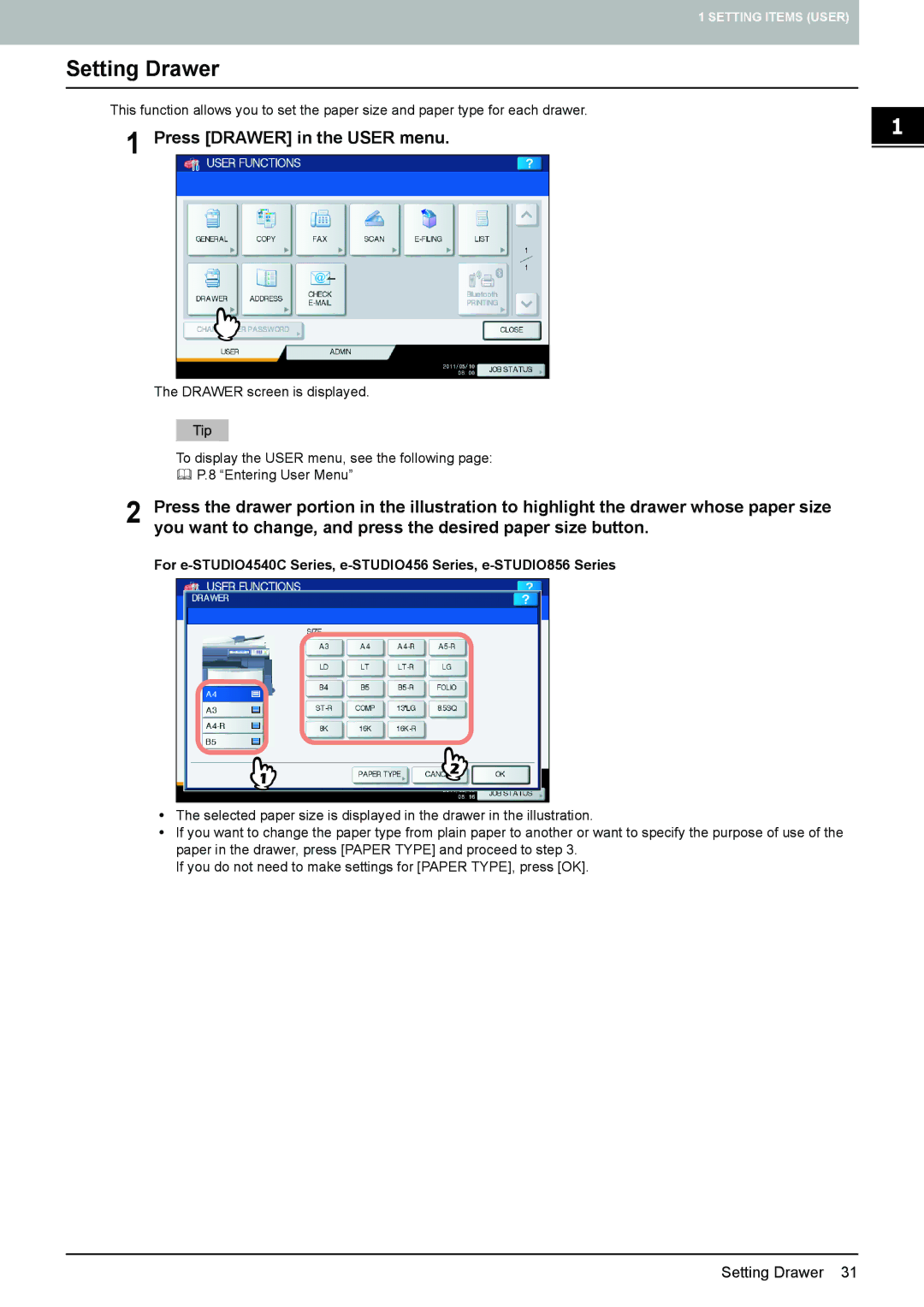 Toshiba 4540C manual Setting Drawer, Press Drawer in the User menu 