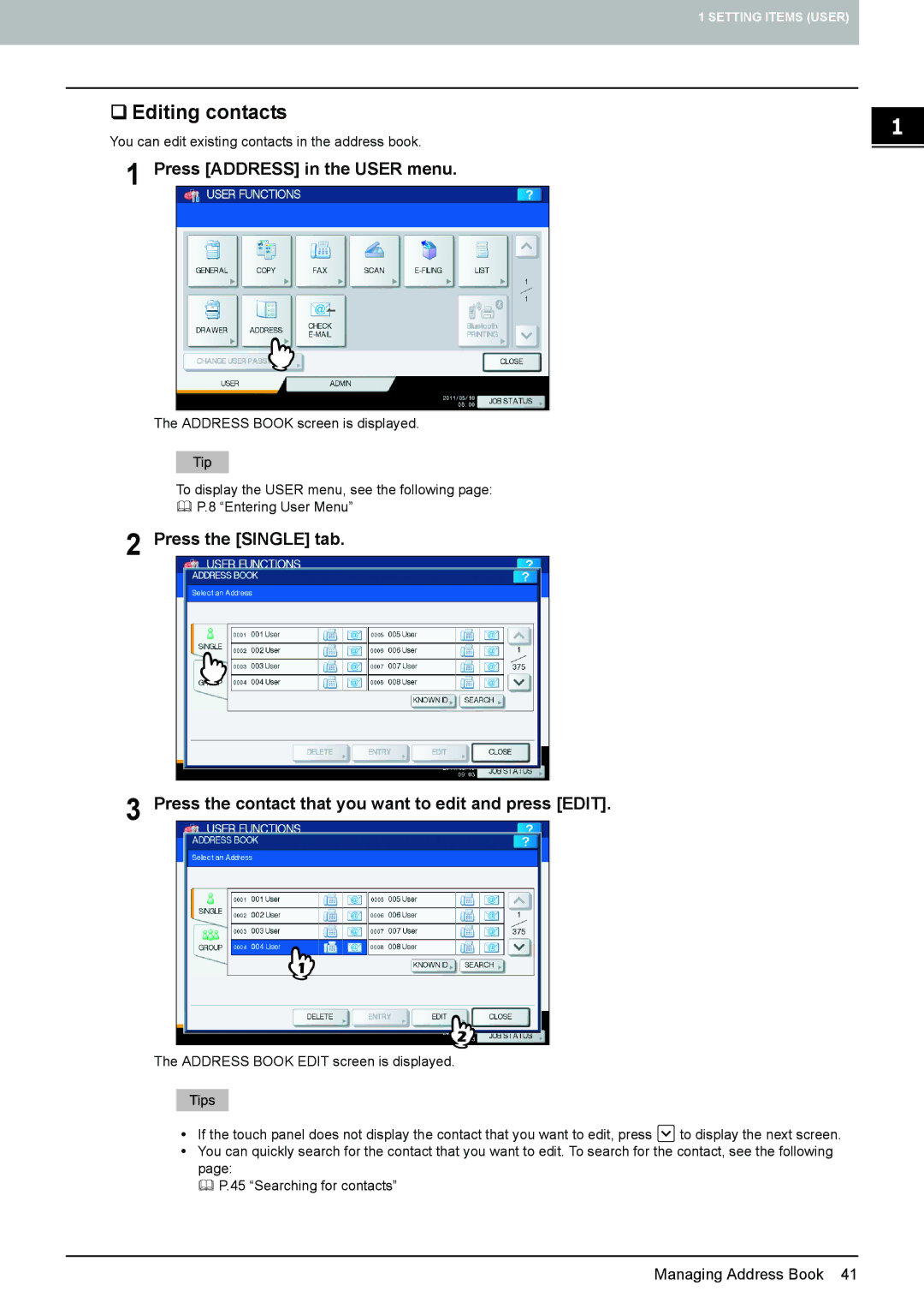 Toshiba 4540C manual ‰ Editing contacts, Press Address in the User menu 