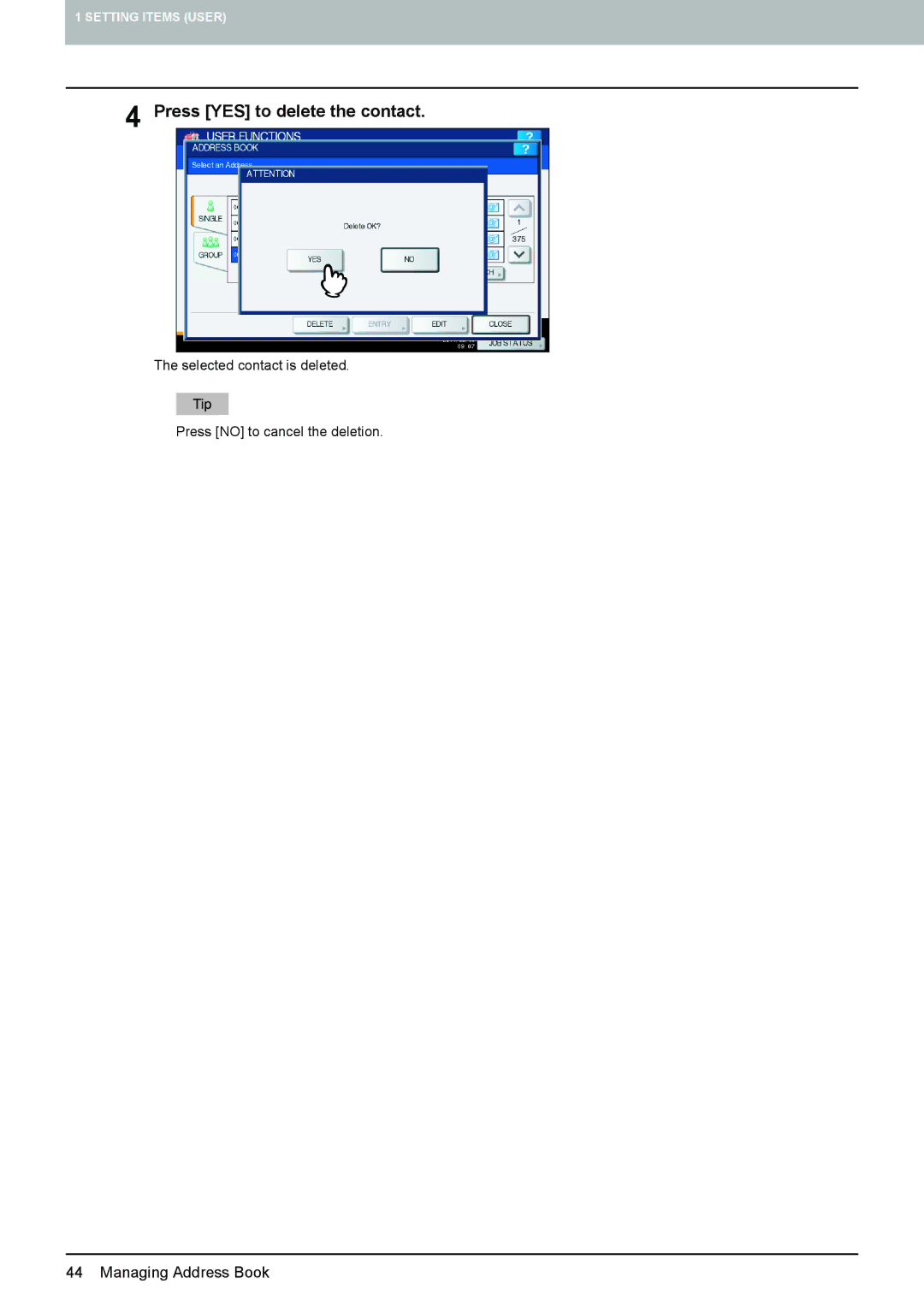 Toshiba 4540C manual Press YES to delete the contact 