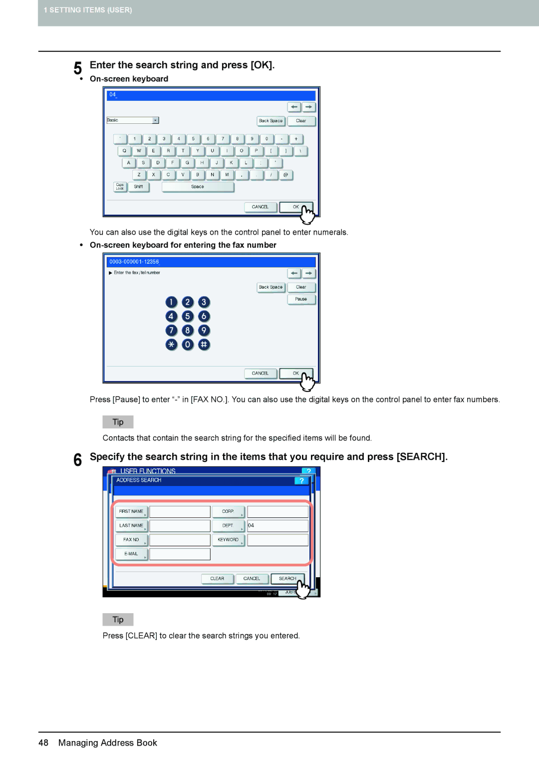 Toshiba 4540C manual Enter the search string and press OK, On-screen keyboard for entering the fax number 