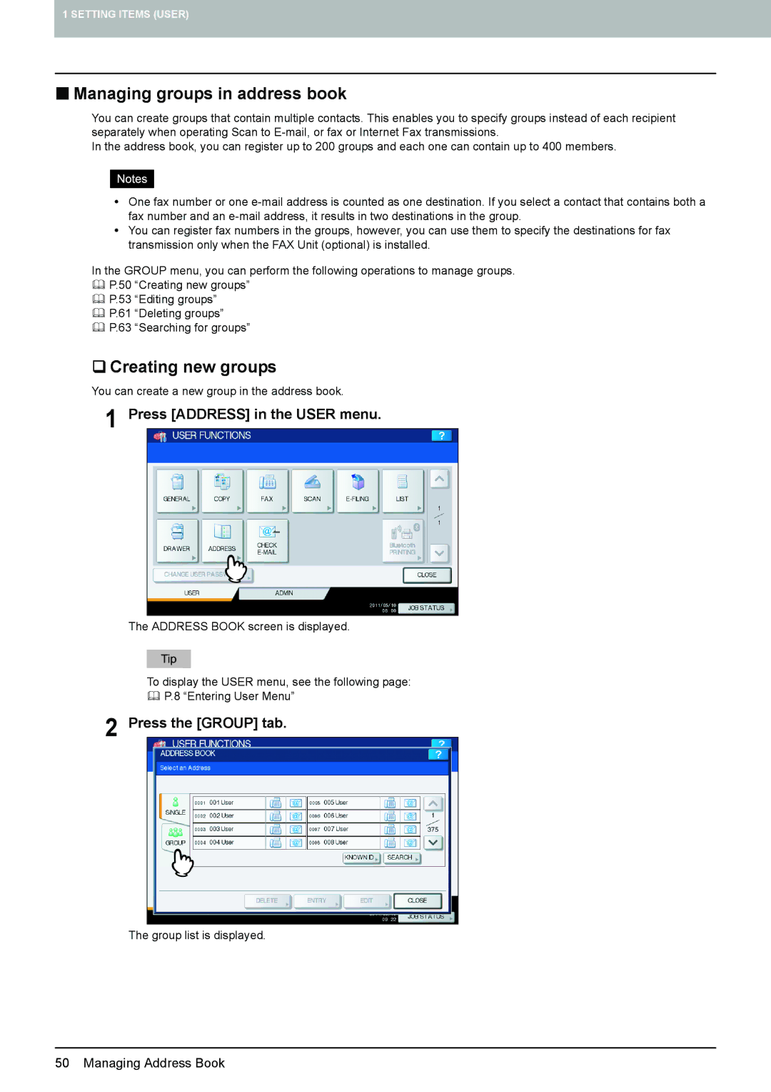 Toshiba 4540C manual „ Managing groups in address book, ‰ Creating new groups, Press the Group tab 