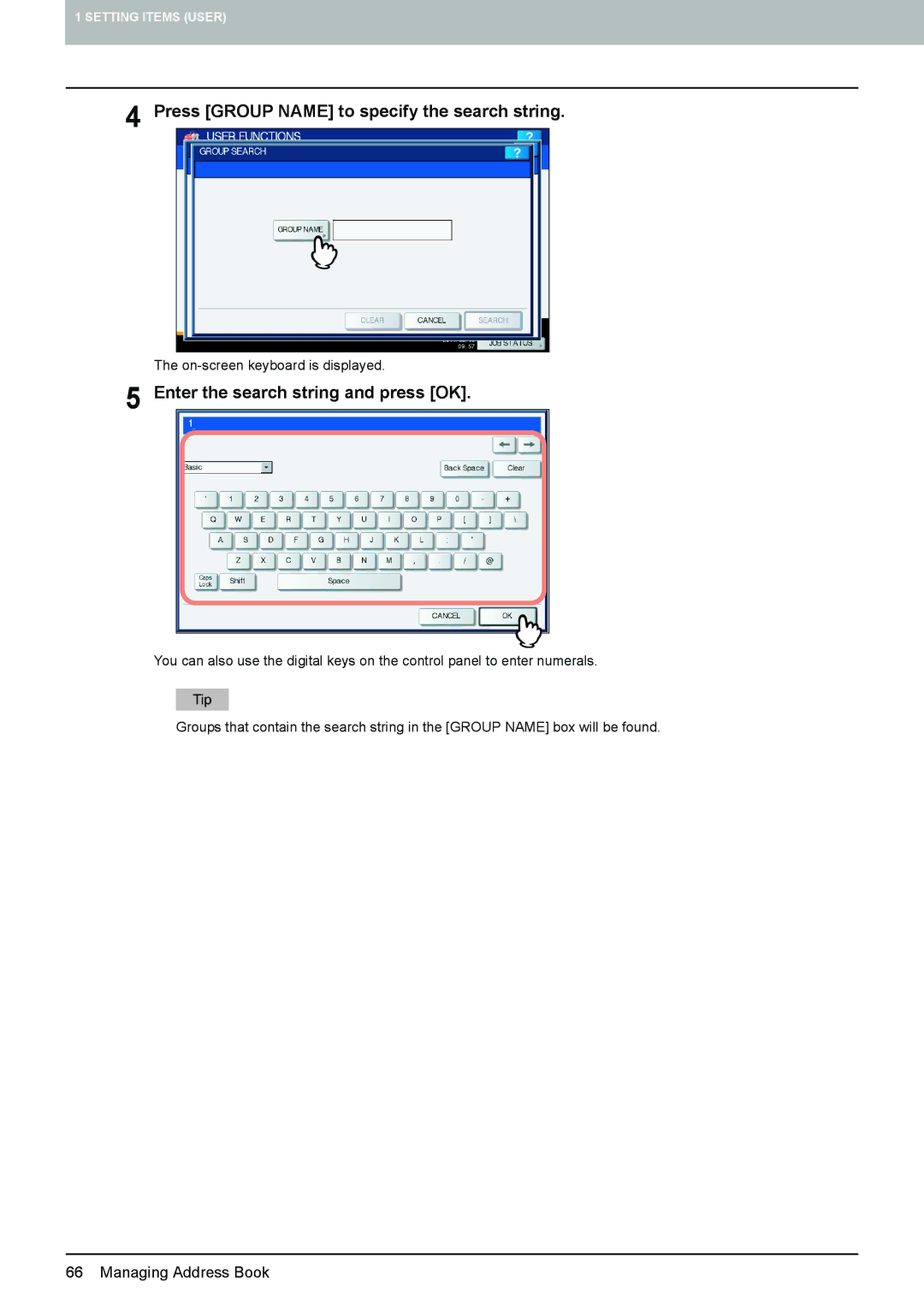 Toshiba 4540C manual Press Group Name to specify the search string, Enter the search string and press OK 