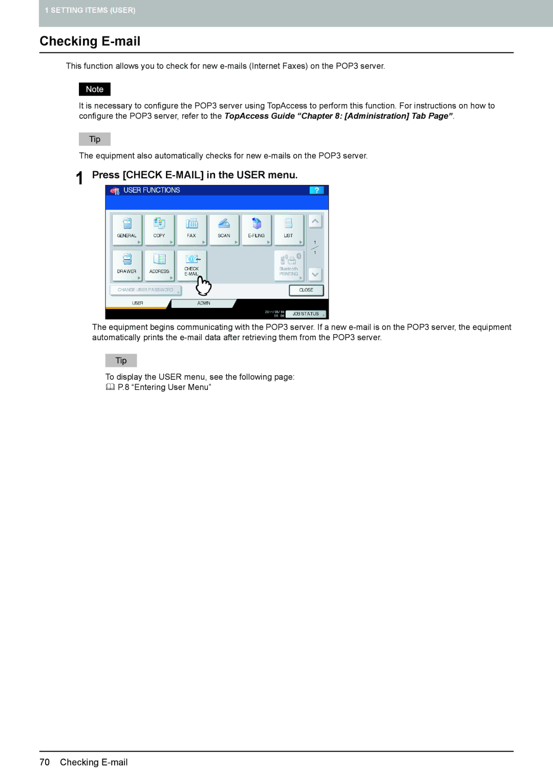 Toshiba 4540C manual Checking E-mail, Press Check E-MAIL in the User menu 