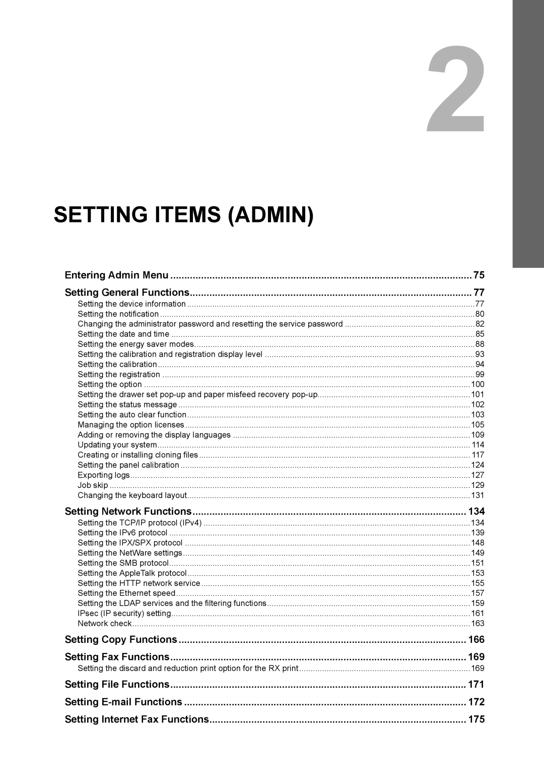 Toshiba 4540C Entering Admin Menu, Setting Network Functions 134, Setting Copy Functions 166 Setting Fax Functions 169 