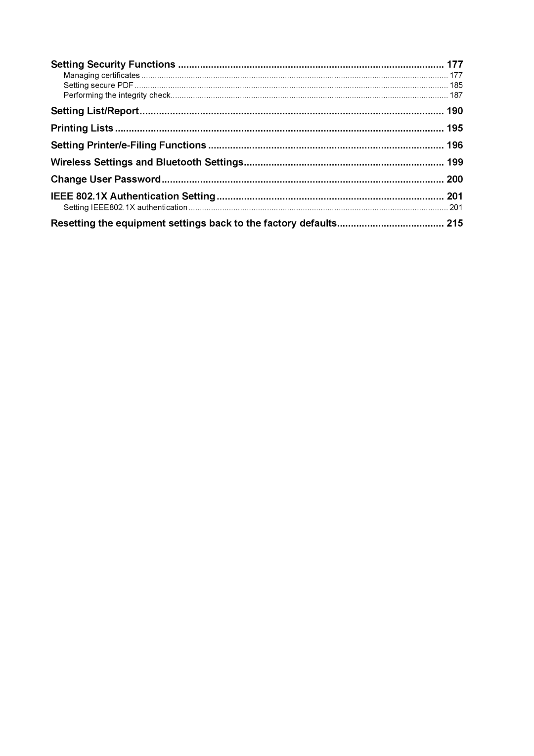 Toshiba 4540C manual Setting Security Functions 177, Setting IEEE802.1X authentication 201 