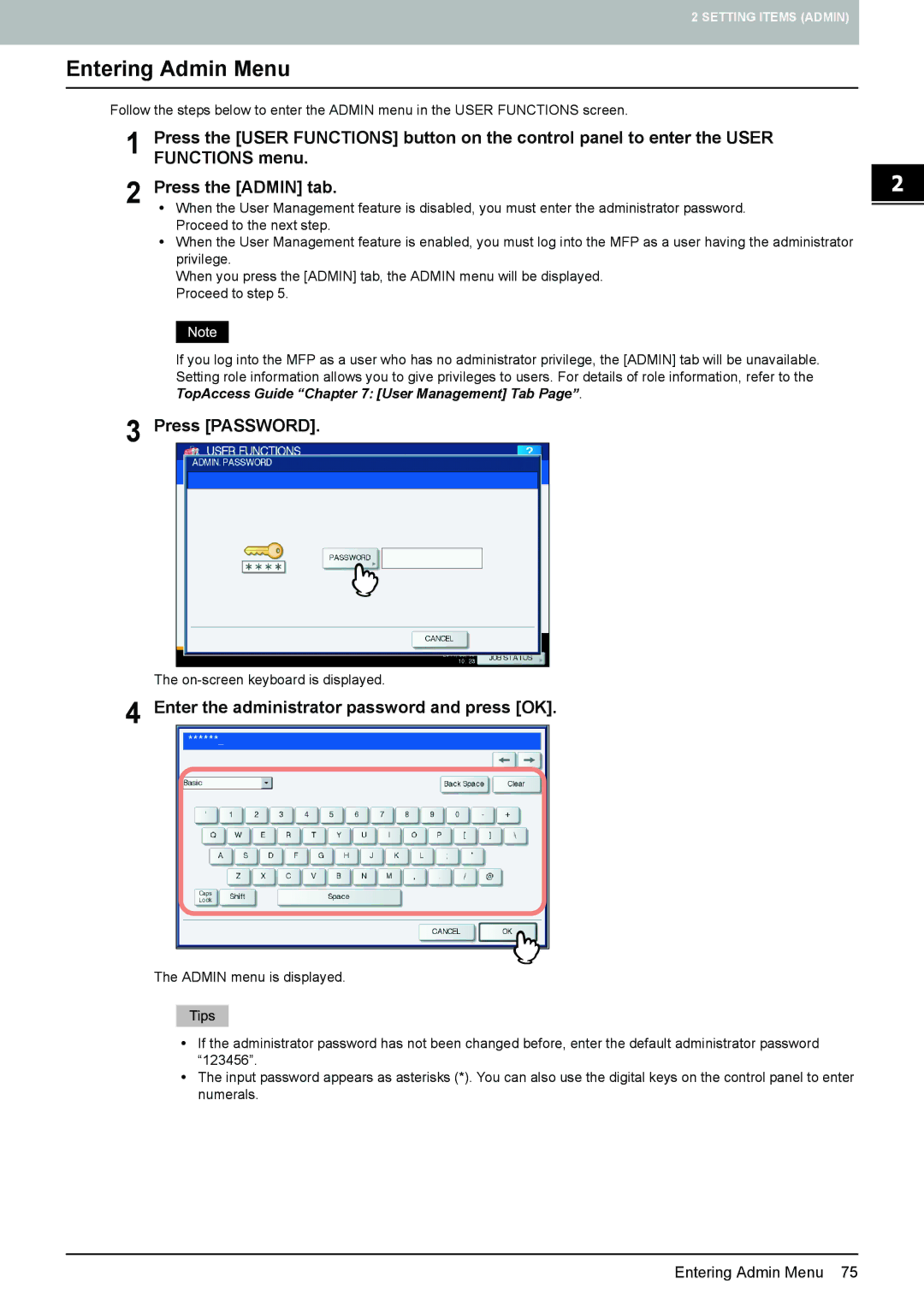 Toshiba 4540C manual Entering Admin Menu, Press Password, Enter the administrator password and press OK 