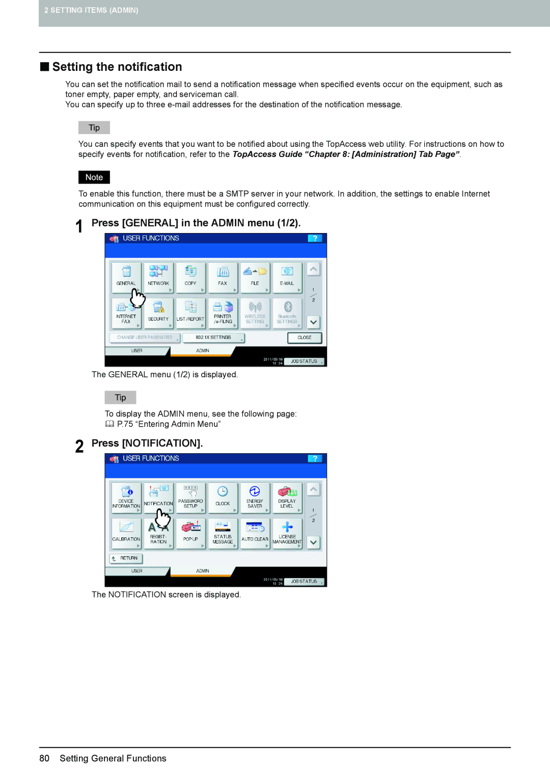 Toshiba 4540C manual „ Setting the notification, Press Notification 