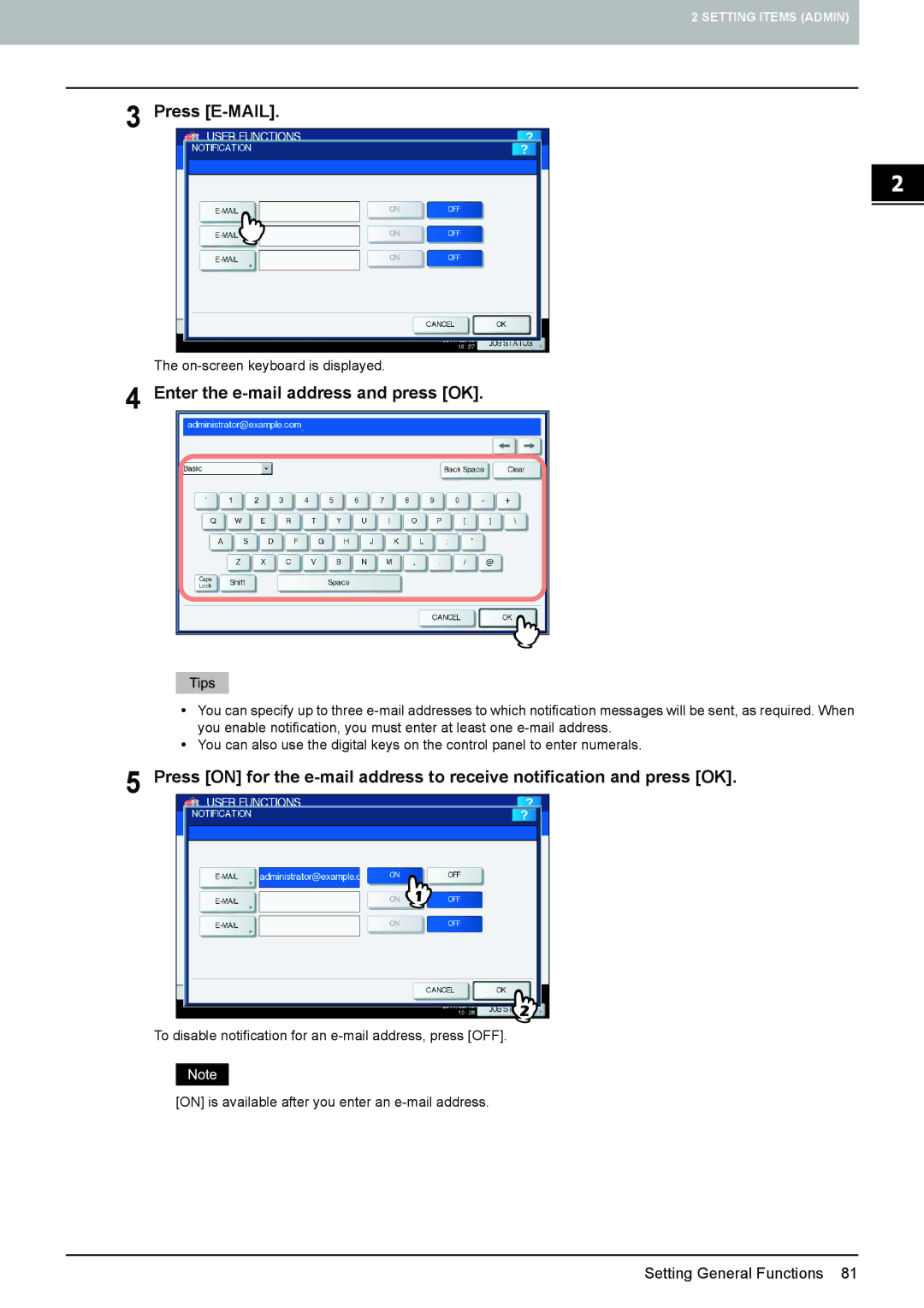 Toshiba 4540C manual Press E-MAIL, Enter the e-mail address and press OK 