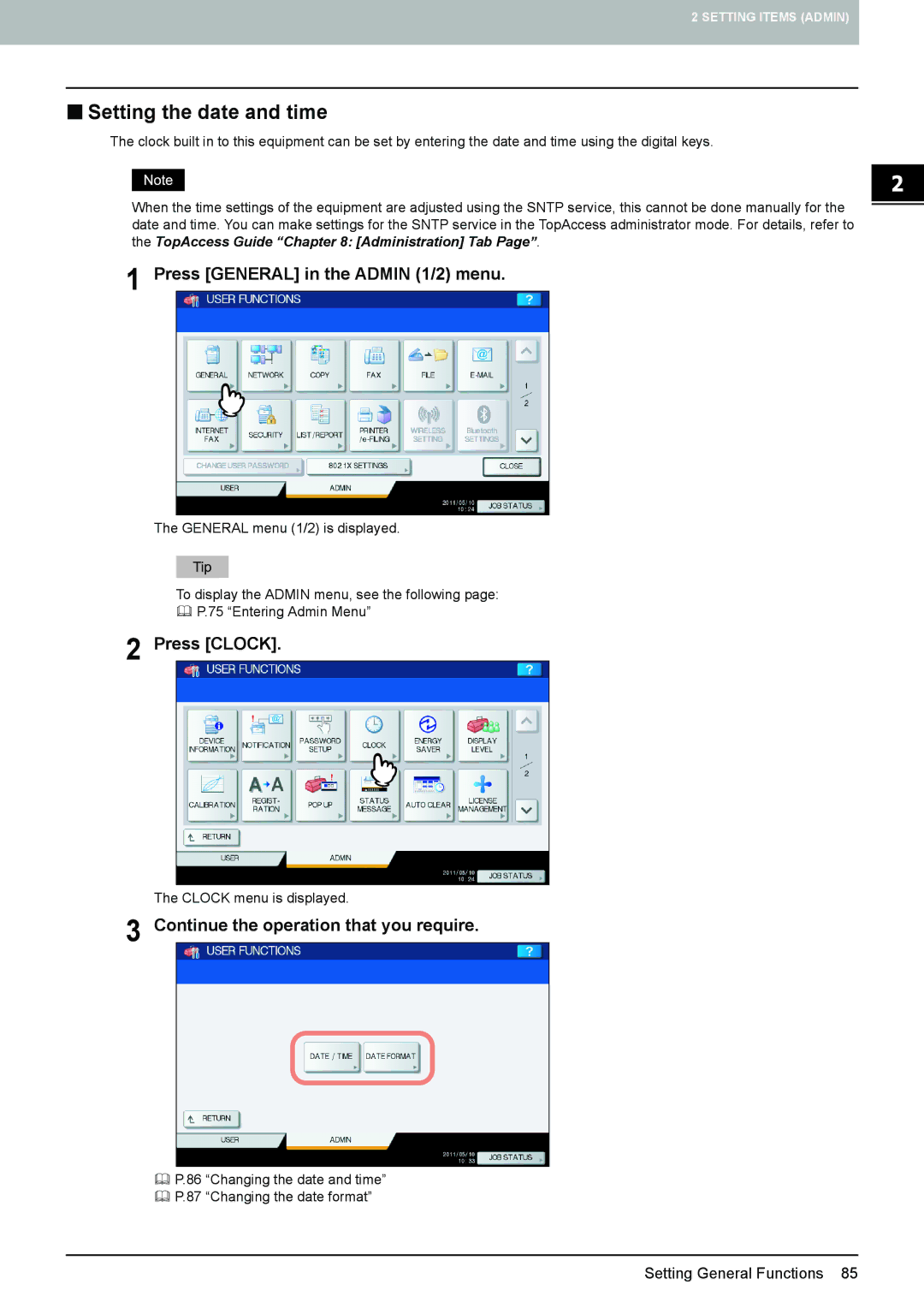 Toshiba 4540C manual „ Setting the date and time, Press General in the Admin 1/2 menu, Press Clock 