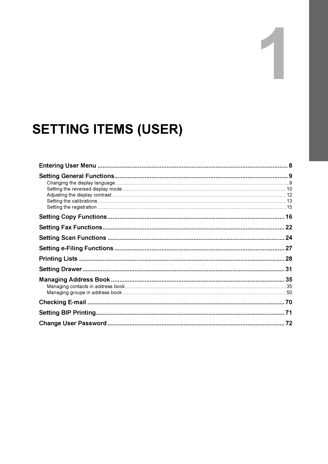 Toshiba 4540C manual Setting Items User, Checking E-mail Setting BIP Printing Change User Password 