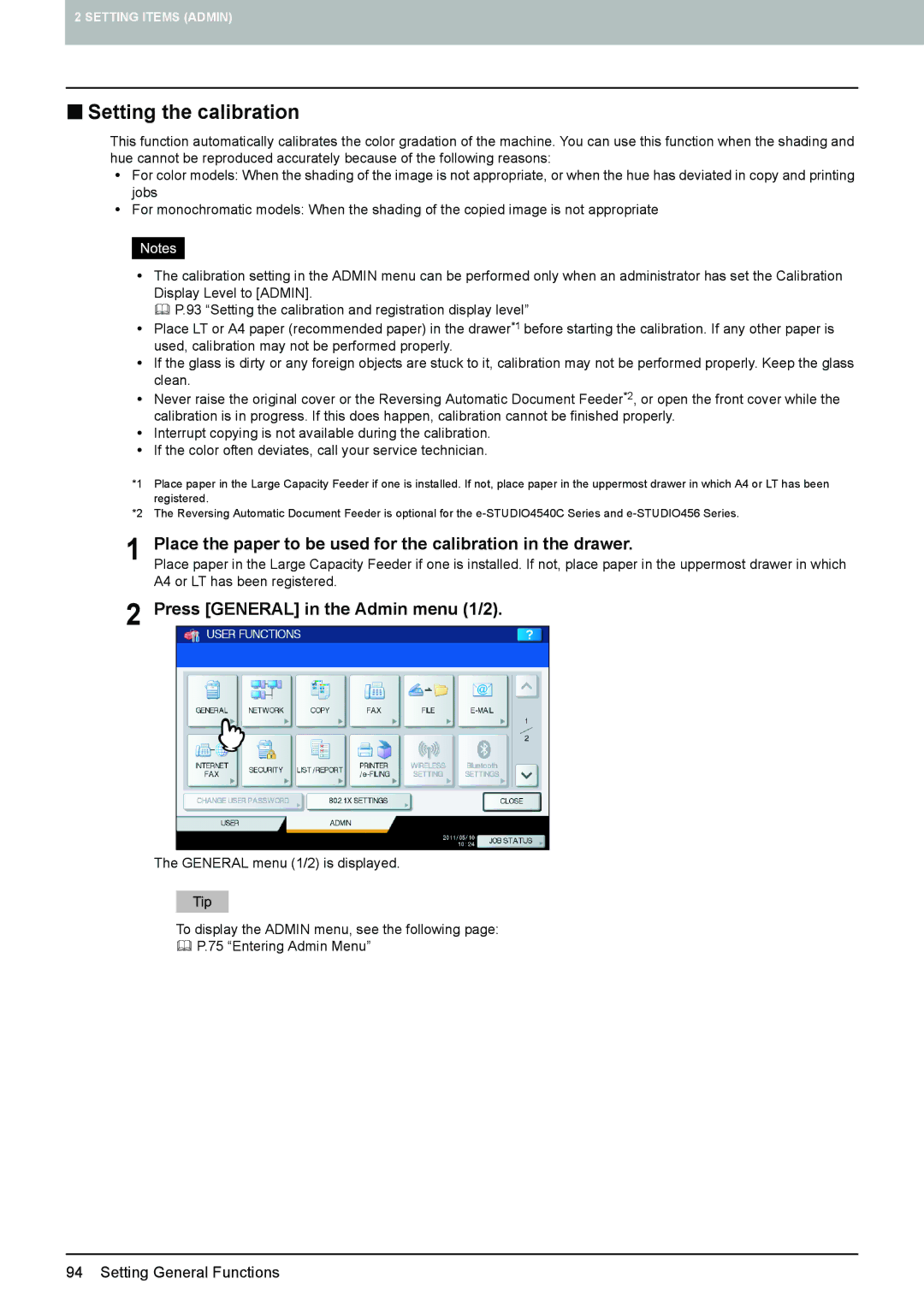 Toshiba 4540C manual „ Setting the calibration, Place the paper to be used for the calibration in the drawer 