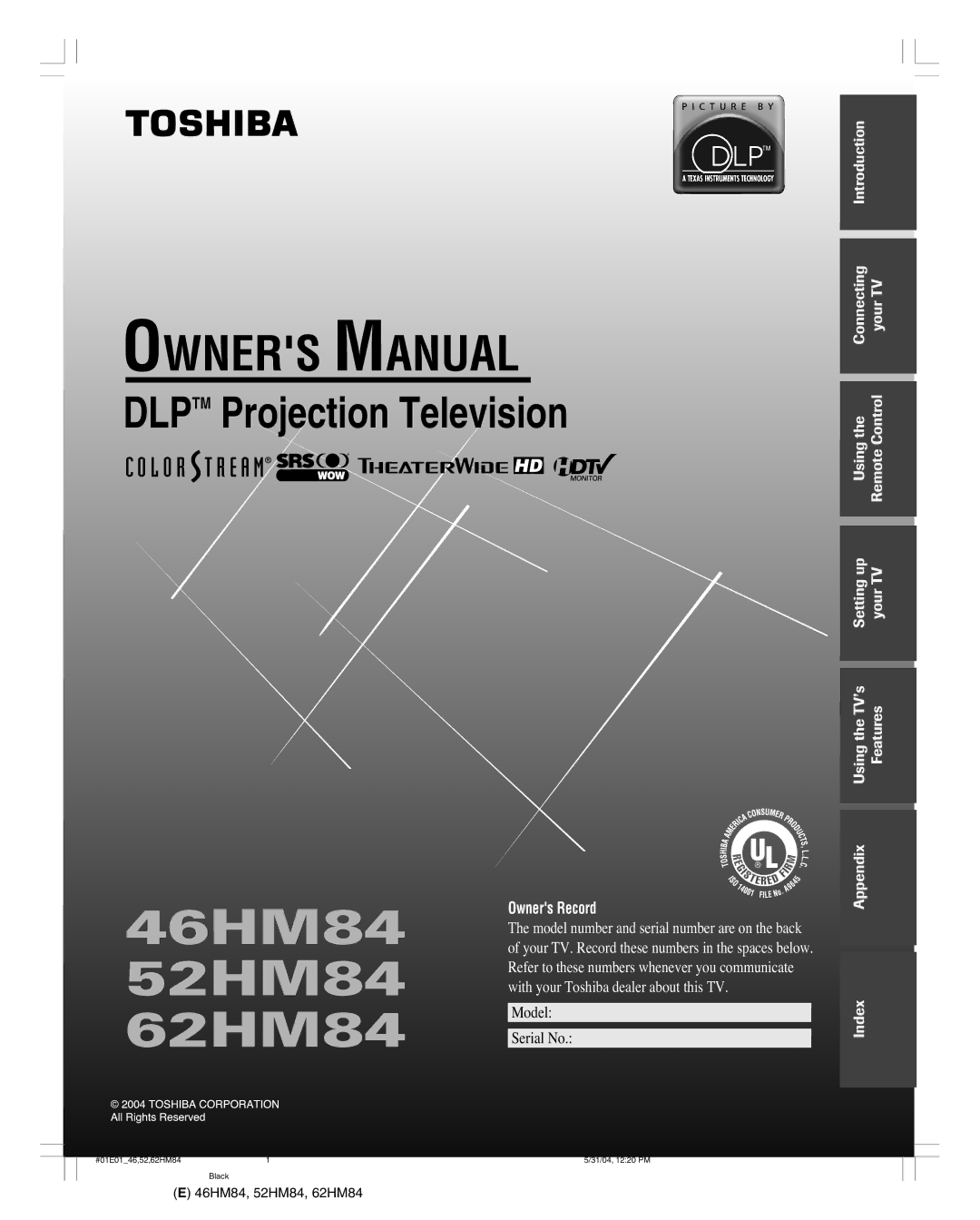 Toshiba owner manual 46HM84 52HM84 62HM84 