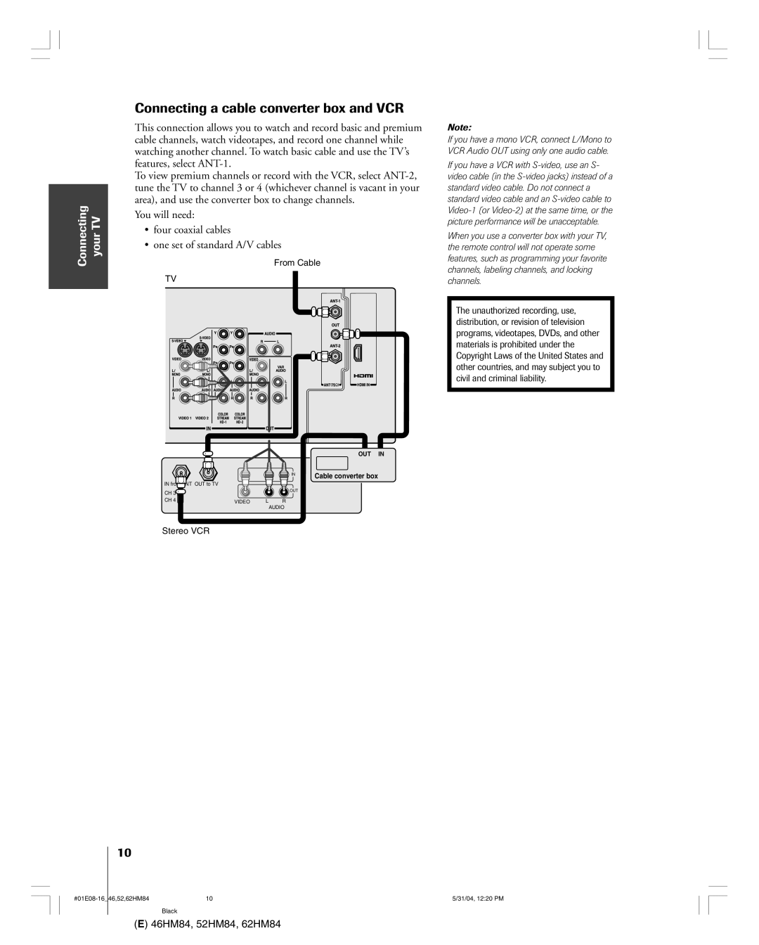 Toshiba 46HM84 owner manual Connecting a cable converter box and VCR 