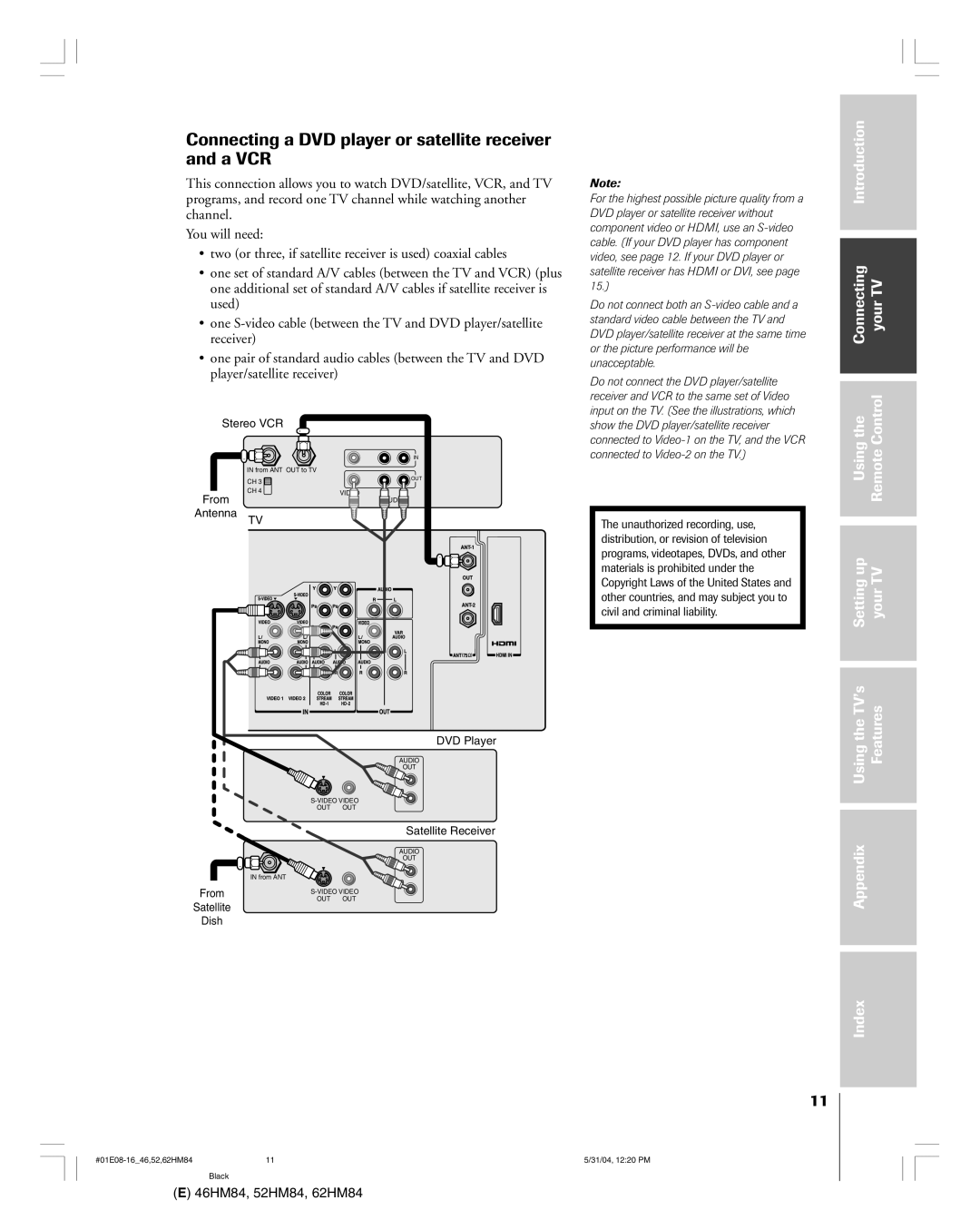 Toshiba 46HM84 owner manual Connecting a DVD player or satellite receiver and a VCR 