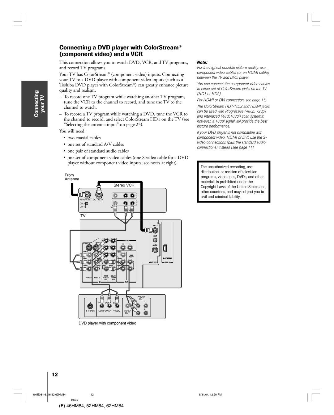 Toshiba 46HM84 owner manual From Antenna Stereo VCR 