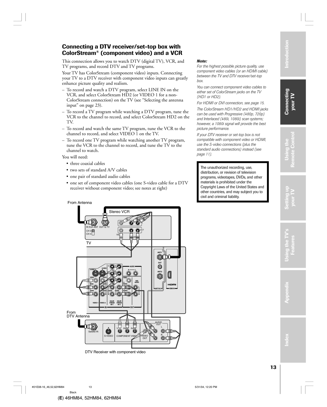 Toshiba 46HM84 owner manual From DTV Antenna 