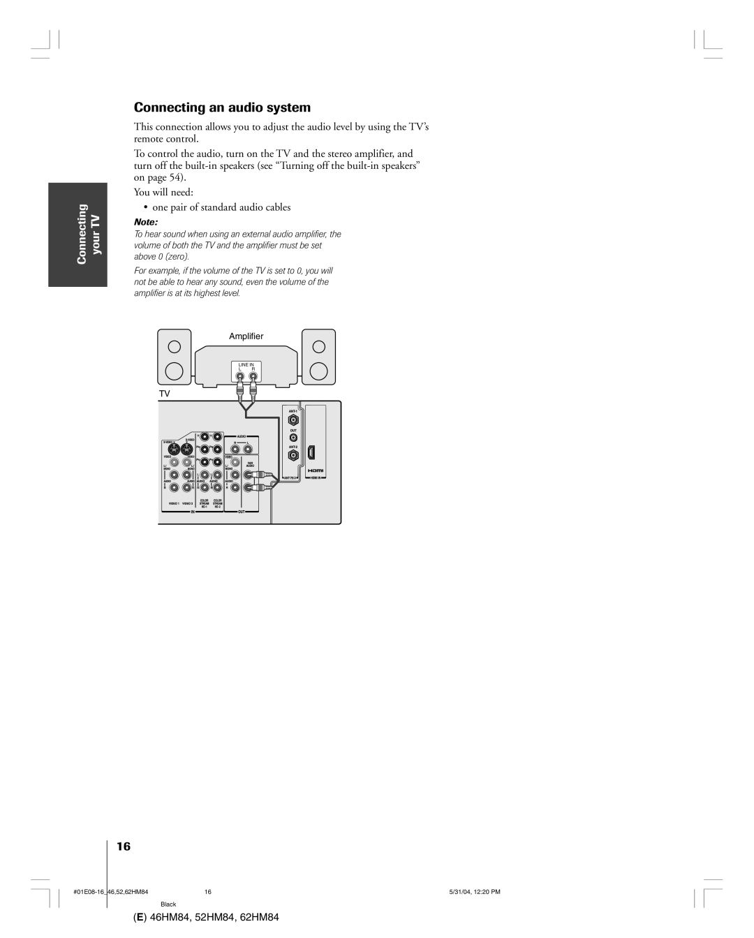 Toshiba 46HM84 owner manual Connecting an audio system 