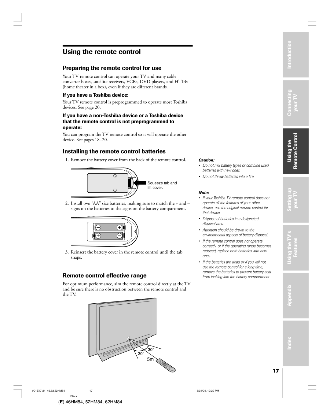 Toshiba 46HM84 Using the remote control, Preparing the remote control for use, Installing the remote control batteries 