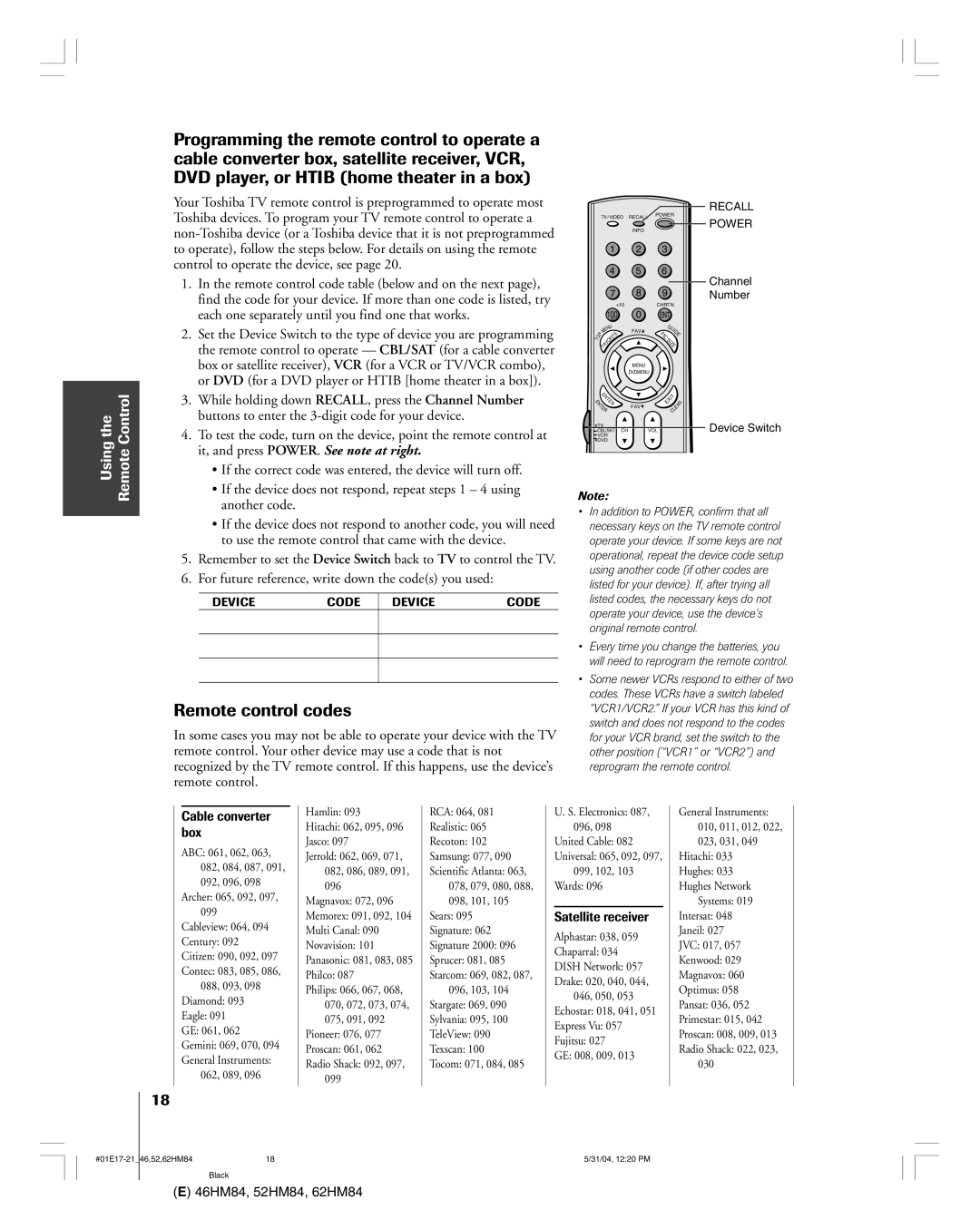 Toshiba 46HM84 owner manual Remote control codes, For future reference, write down the codes you used, Cable converter box 