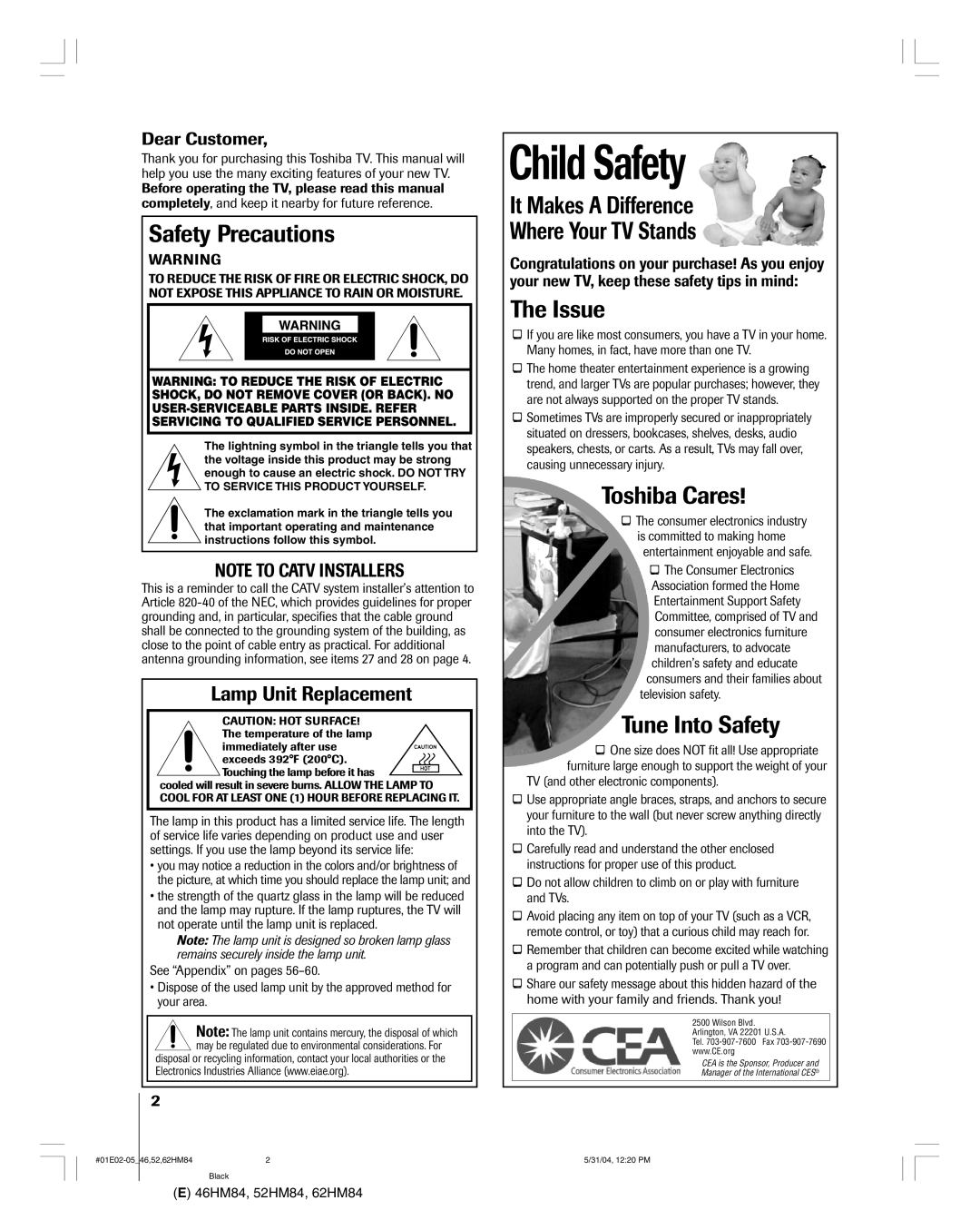 Toshiba 46HM84 owner manual Lamp Unit Replacement, Dear Customer, Entertainment enjoyable and safe, Television safety 