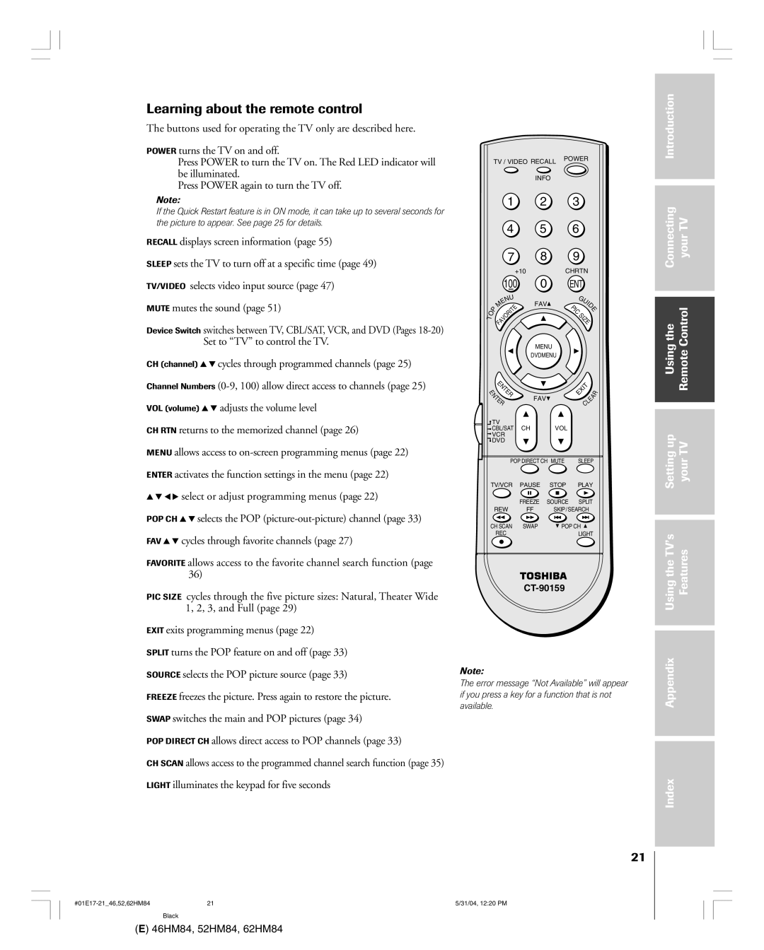 Toshiba 46HM84 owner manual Learning about the remote control, Connecting YourTV Control 