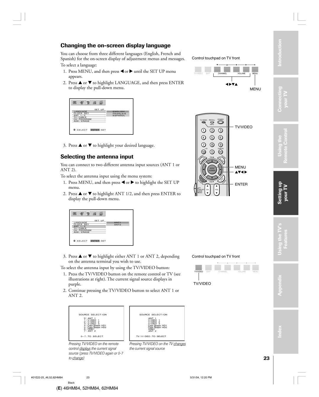 Toshiba 46HM84 owner manual Changing the on-screen display language, Selecting the antenna input 