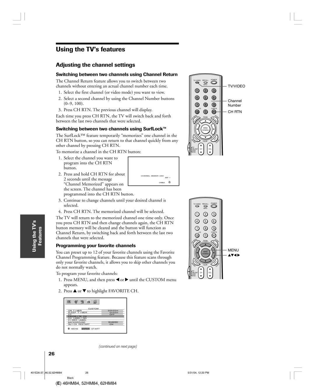 Toshiba 46HM84 Using the TVÕs features, Adjusting the channel settings, Switching between two channels using SurfLockª 