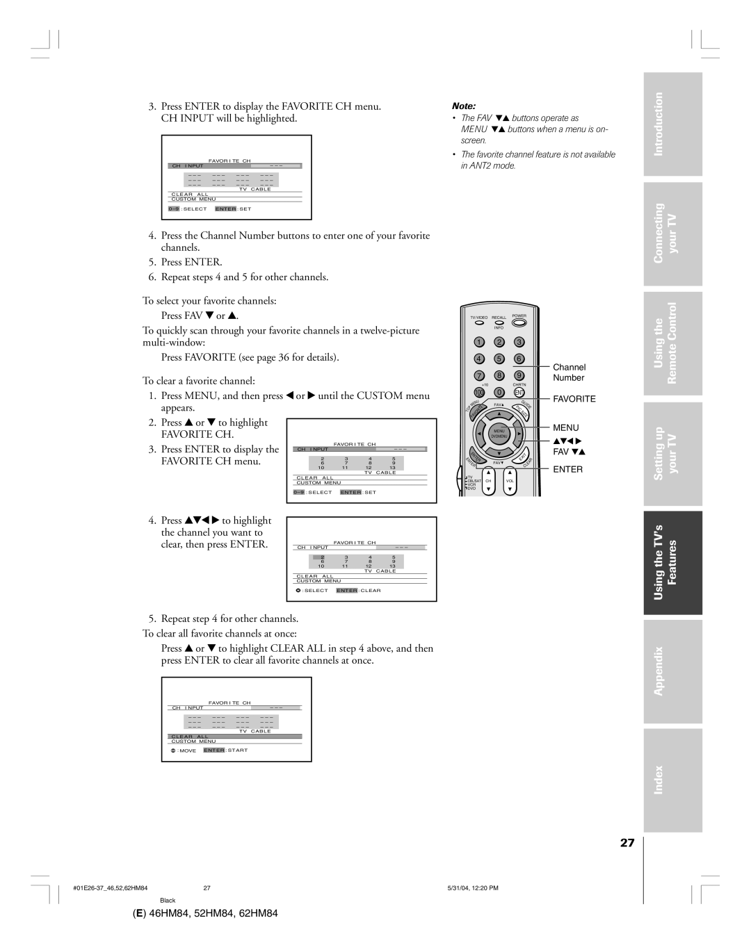 Toshiba 46HM84 owner manual Press Enter to display, Favorite CH menu 