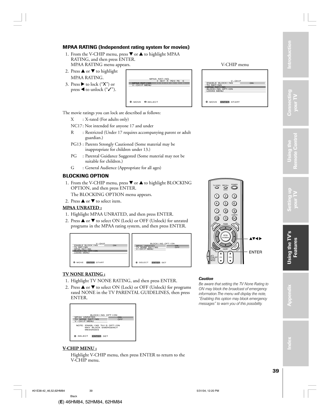 Toshiba 46HM84 owner manual Mpaa Rating Independent rating system for movies 