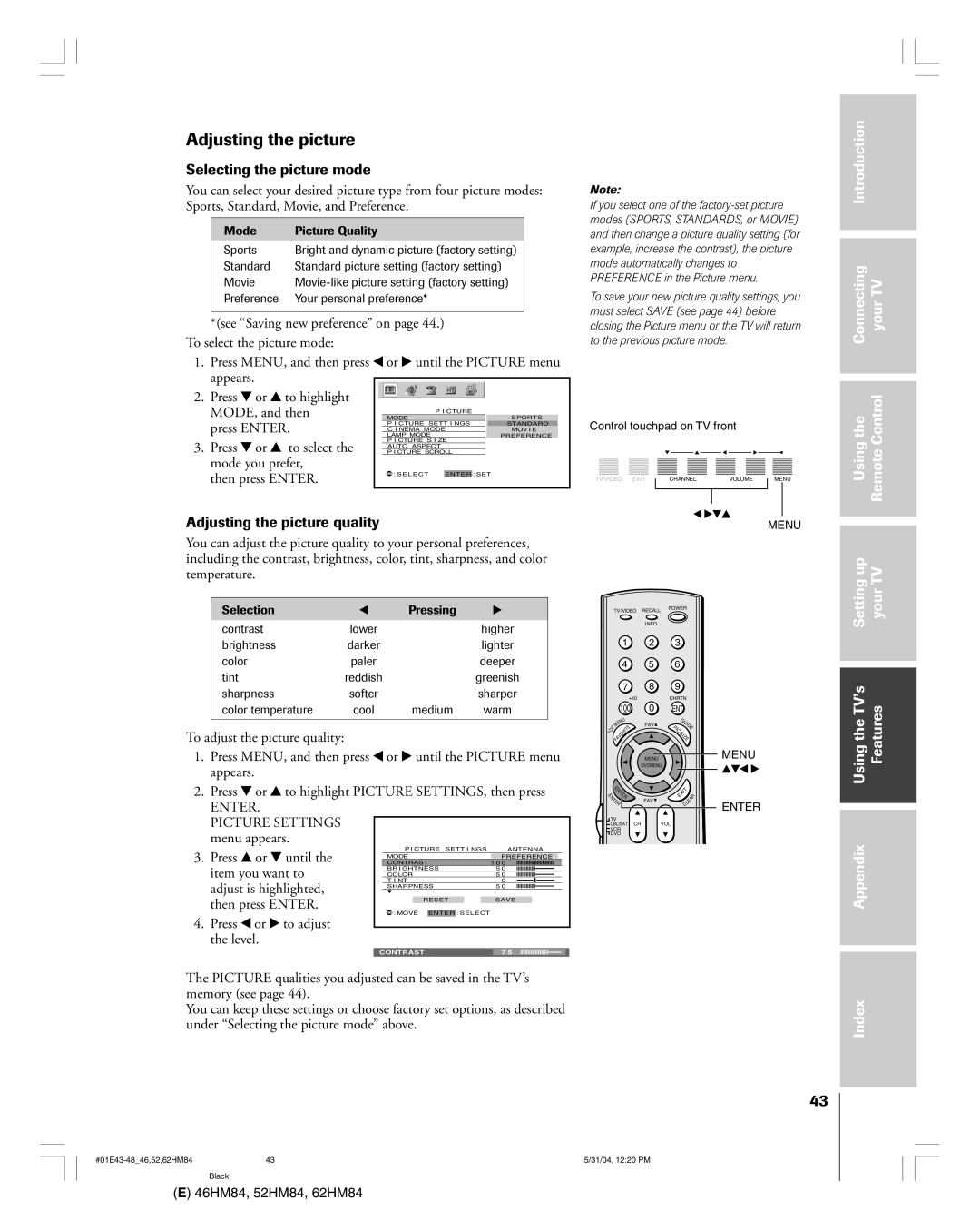 Toshiba 46HM84 owner manual Selecting the picture mode, Adjusting the picture quality, Picture Settings 