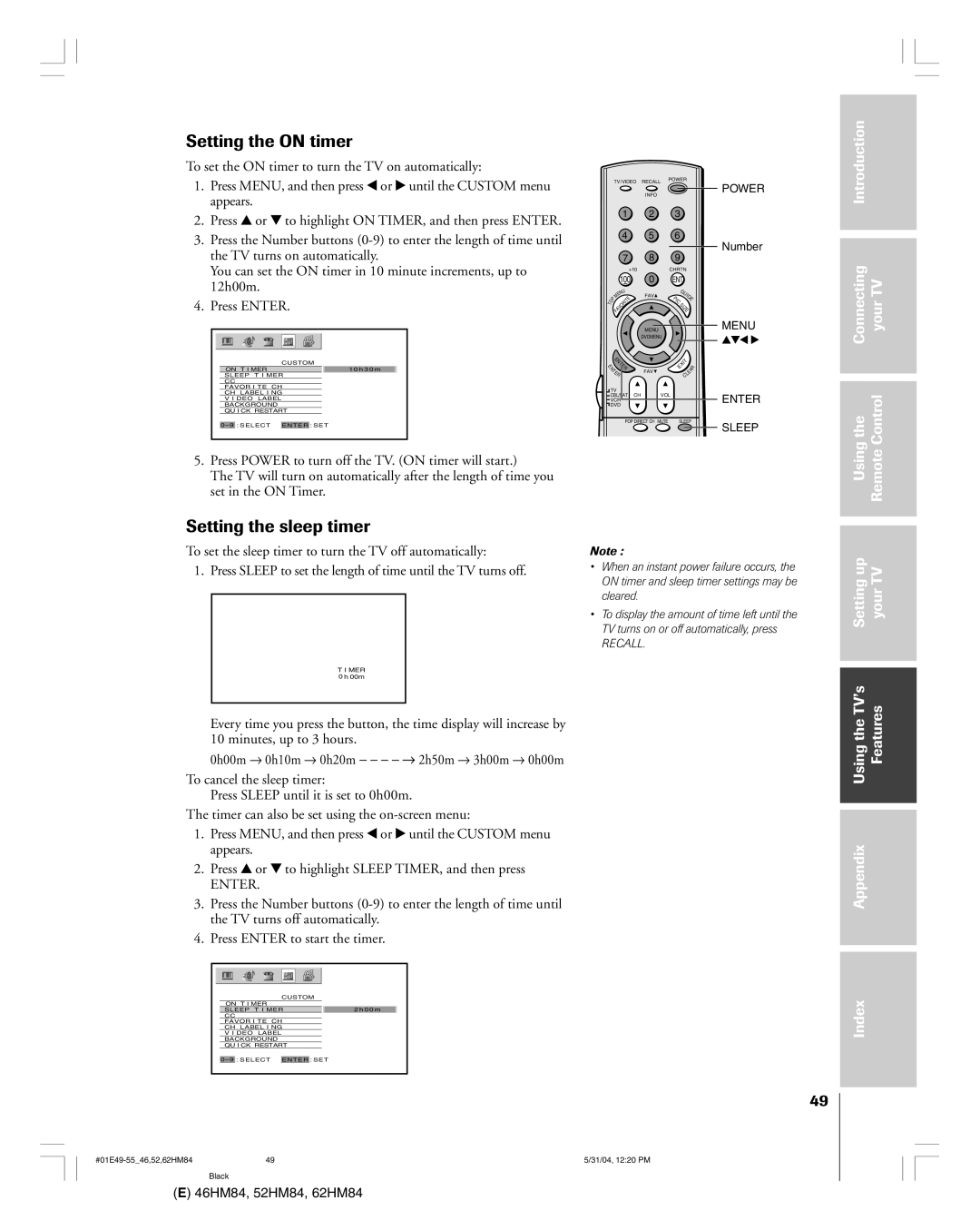 Toshiba 46HM84 owner manual Setting the on timer, Setting the sleep timer 