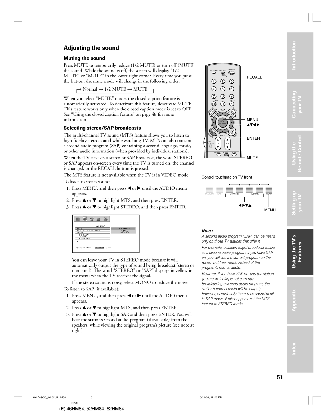 Toshiba 46HM84 owner manual Adjusting the sound, Muting the sound, Selecting stereo/SAP broadcasts 