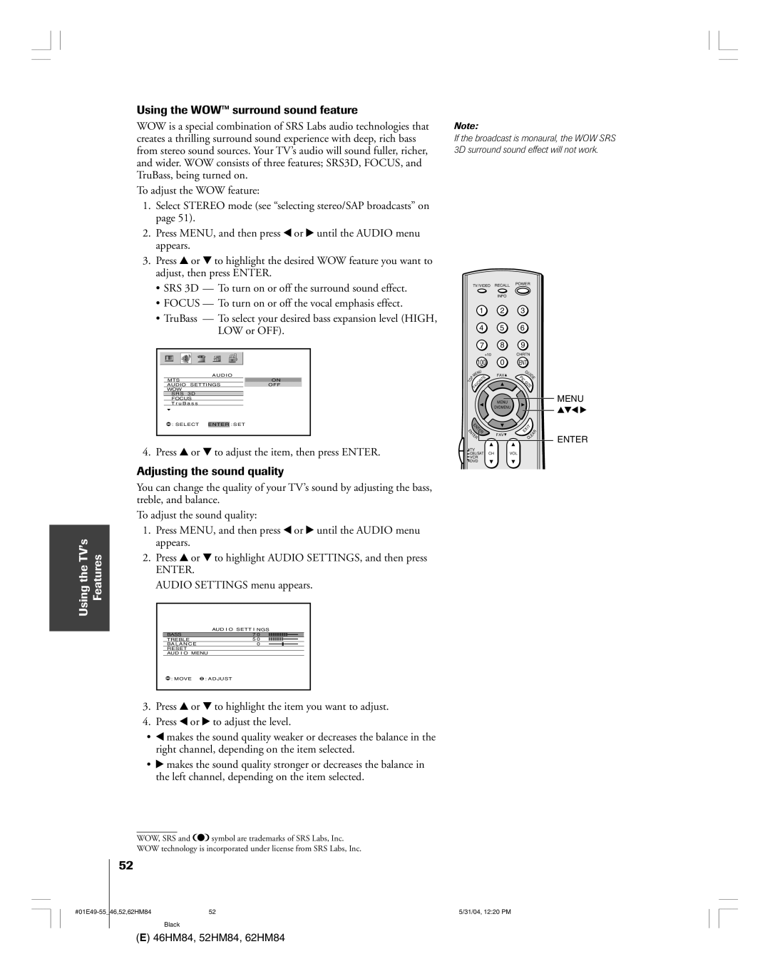 Toshiba 46HM84 owner manual Using the WOWª surround sound feature, Adjusting the sound quality, Audio Settings menu appears 