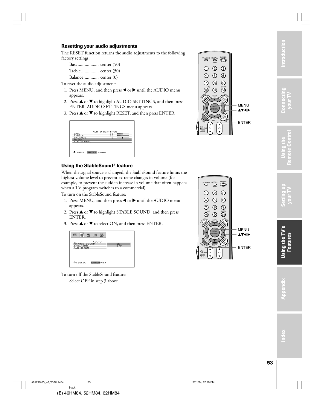 Toshiba 46HM84 owner manual Resetting your audio adjustments, Using the StableSound¨ feature 