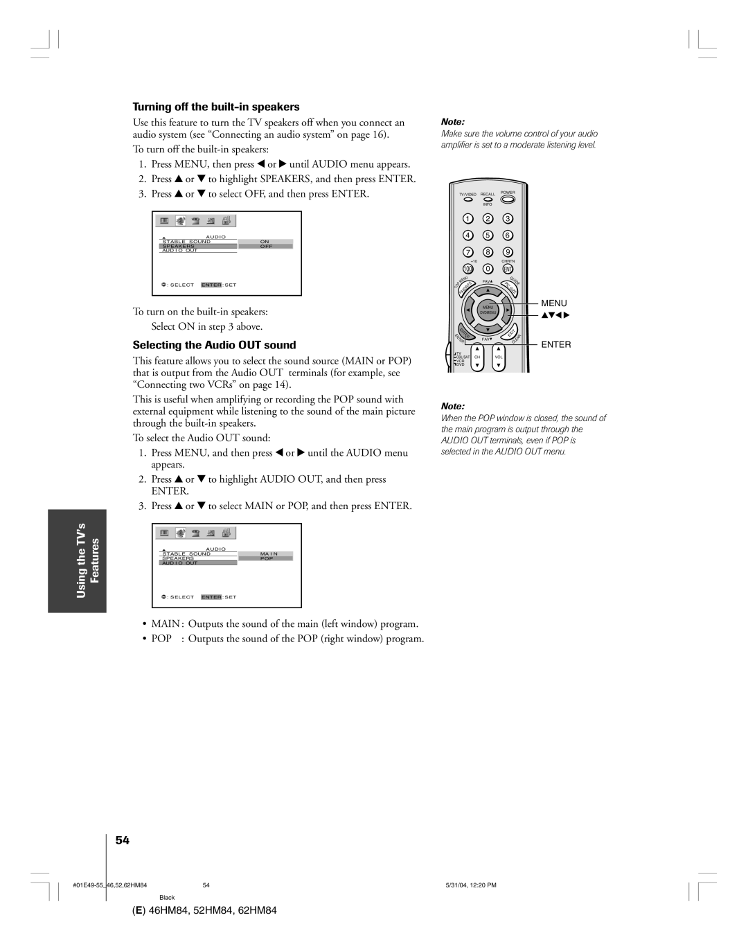 Toshiba 46HM84 owner manual Turning off the built-in speakers, Selecting the Audio OUT sound 