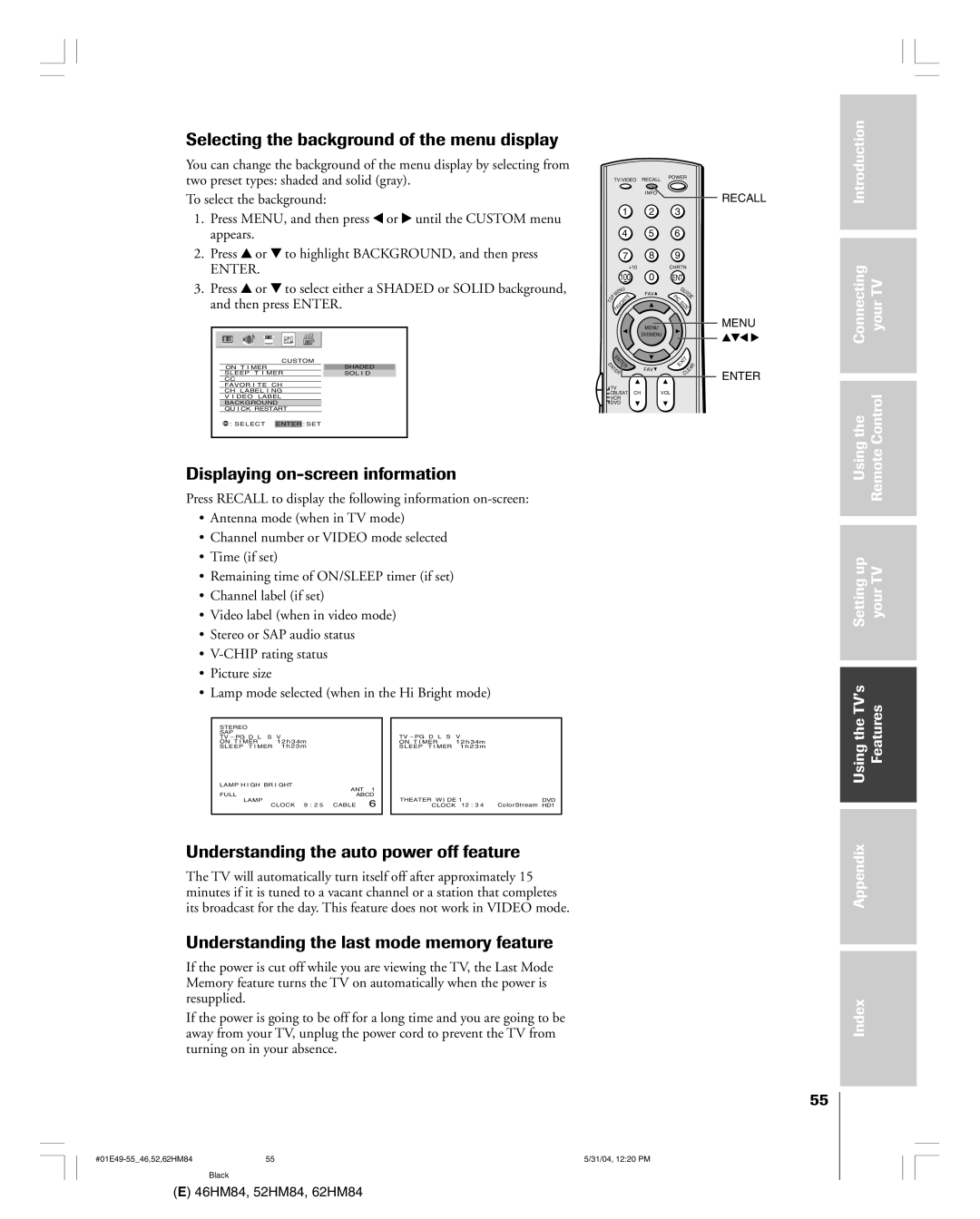 Toshiba 46HM84 owner manual Selecting the background of the menu display, Displaying on-screen information 