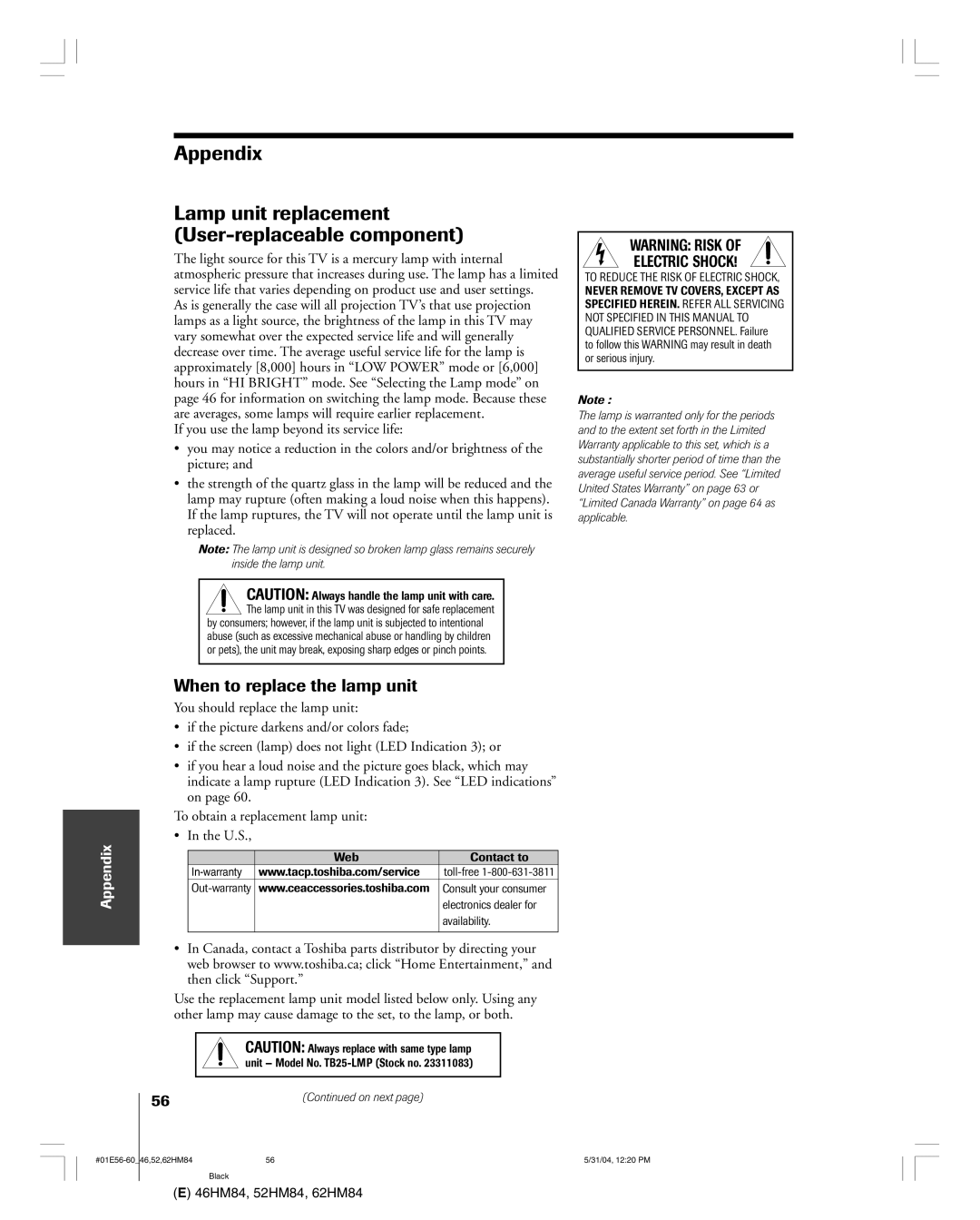 Toshiba 46HM84 owner manual Appendix Lamp unit replacement User-replaceable component, When to replace the lamp unit 