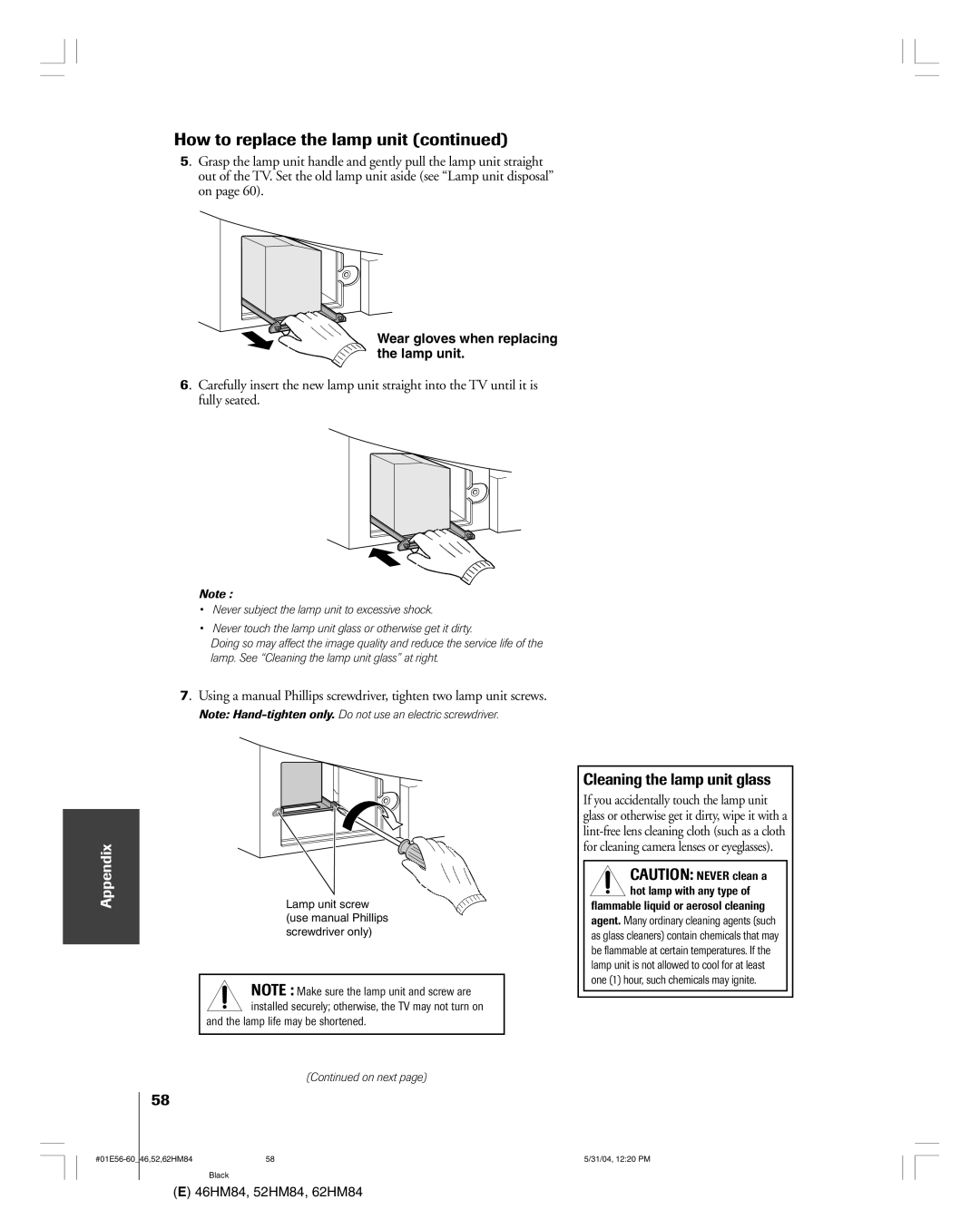 Toshiba 46HM84 owner manual Cleaning the lamp unit glass 