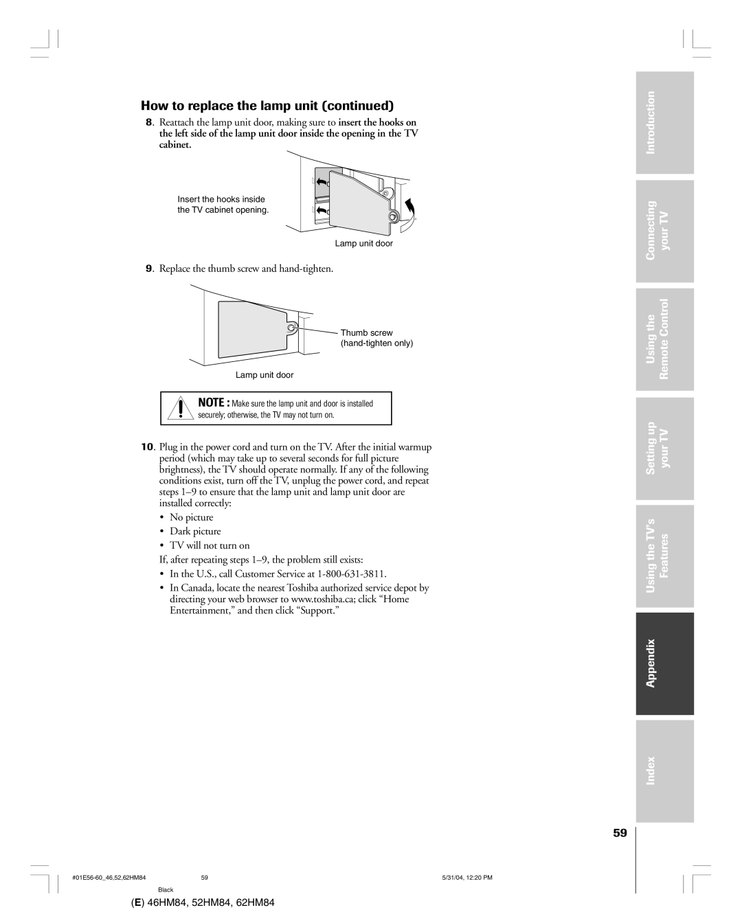 Toshiba 46HM84 owner manual Replace the thumb screw and hand-tighten 