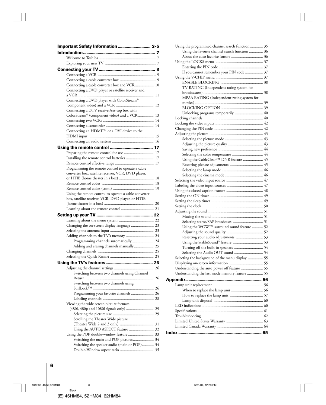 Toshiba 46HM84 owner manual Important Safety Information Introduction 