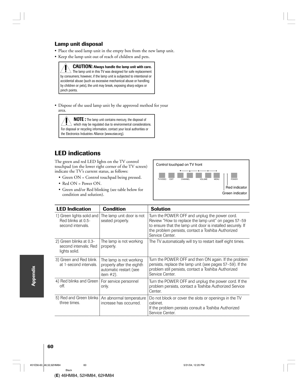 Toshiba 46HM84 owner manual LED indications, Lamp unit disposal 