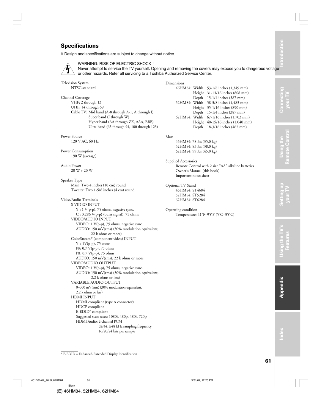 Toshiba 46HM84 owner manual Specifications, VIDEO/AUDIO Input 