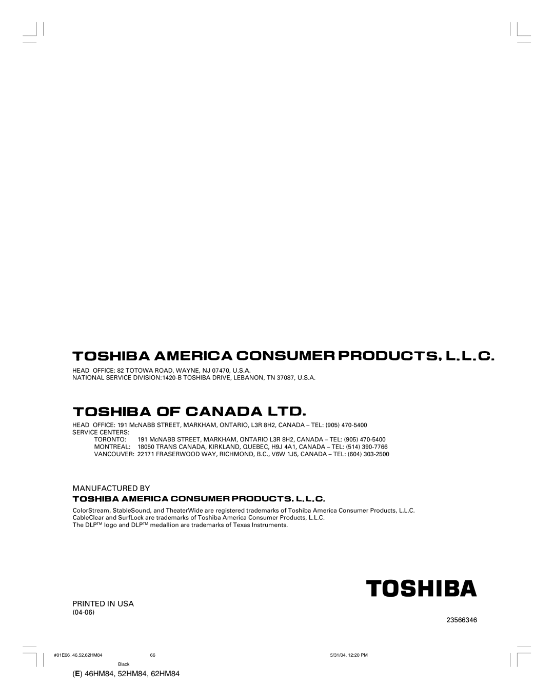 Toshiba 46HM84 owner manual Manufactured by 