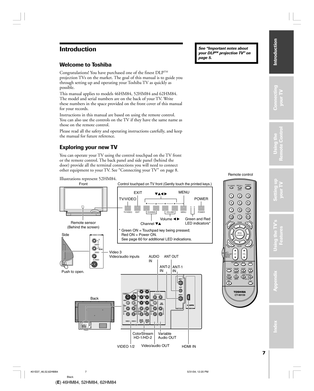 Toshiba 46HM84 owner manual Introduction, Welcome to Toshiba, Exploring your new TV, Illustrations represent 52HM84 