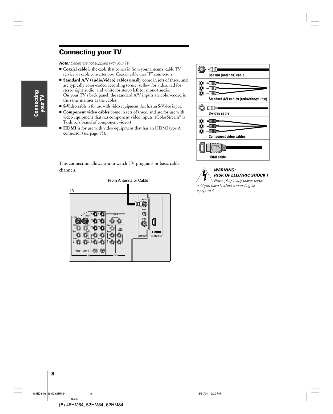 Toshiba 46HM84 owner manual Connecting your TV, Connector see 