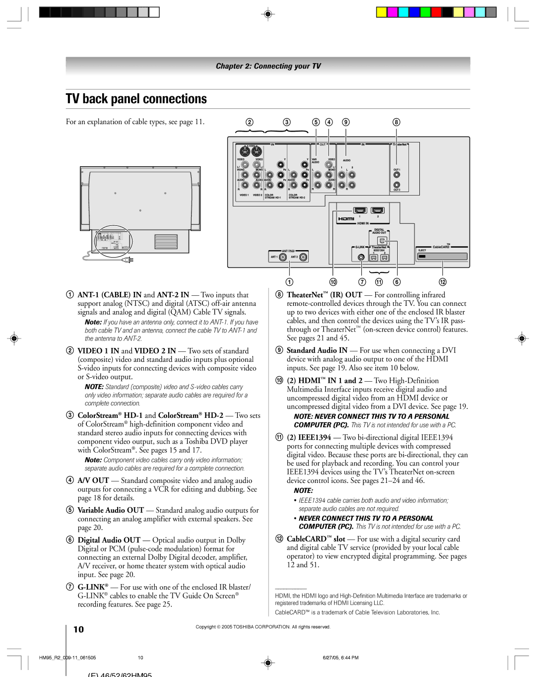 Toshiba 46HM95 owner manual TV back panel connections, 7 !¡ 