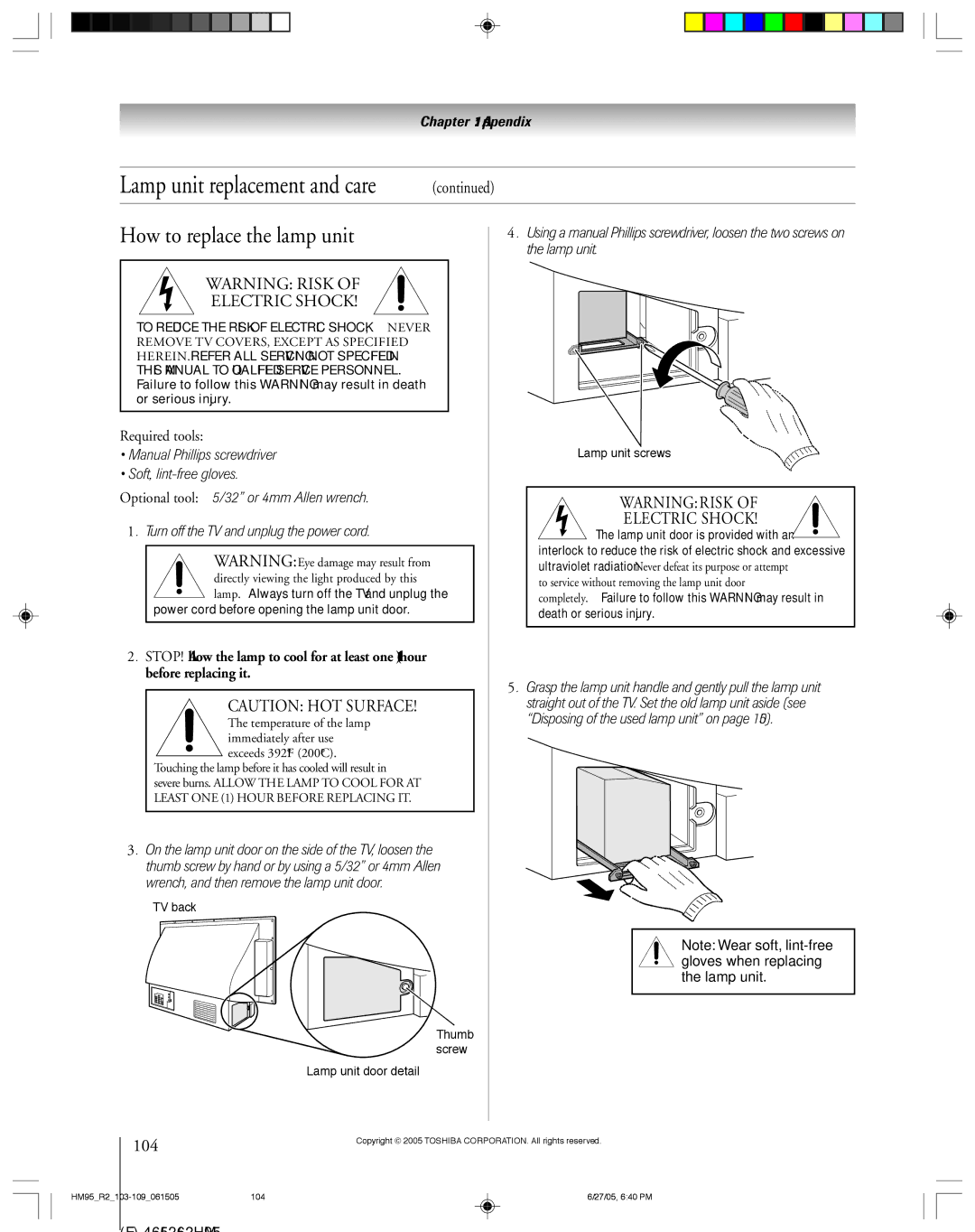 Toshiba 46HM95 owner manual How to replace the lamp unit, 104, Grasp the lamp unit handle and gently pull the lamp unit 