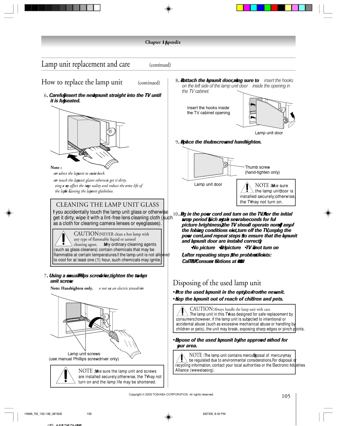 Toshiba 46HM95 owner manual Disposing of the used lamp unit, 105, Replace the thumb screw and hand-tighten 